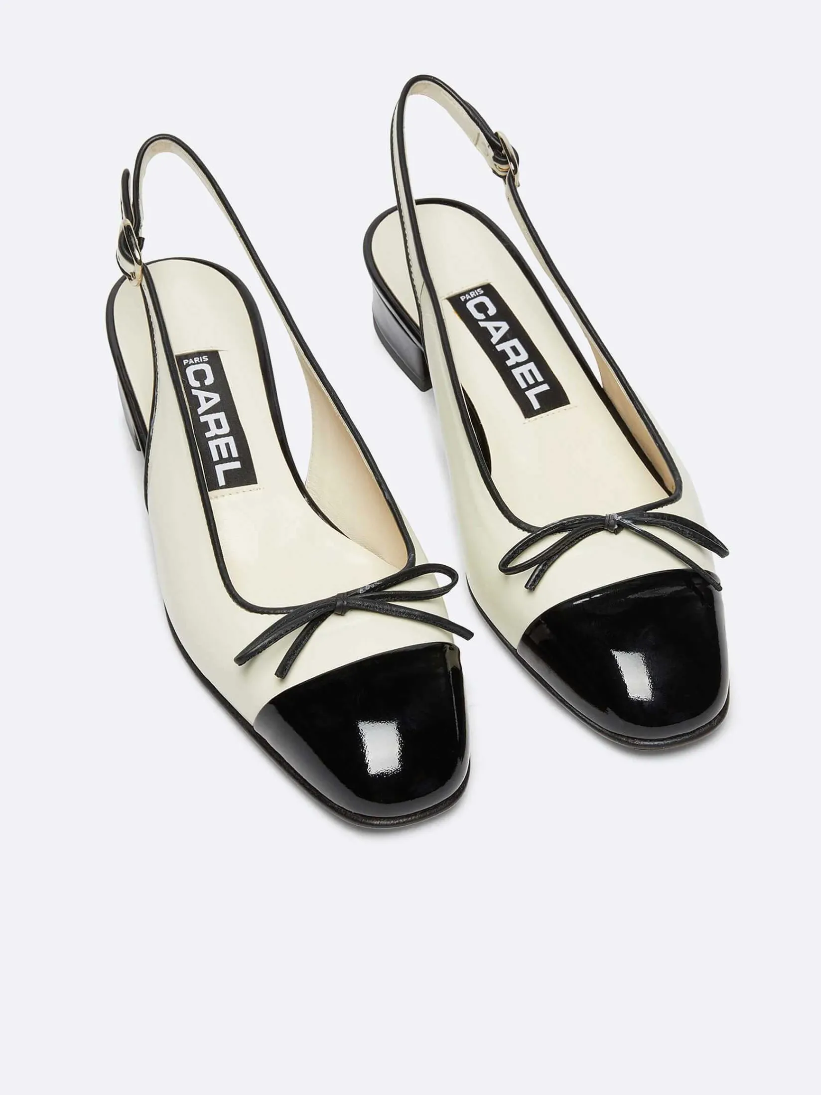 Ivory Leather And Black Patent Leather Slingback Ballet Flats-Carel Best