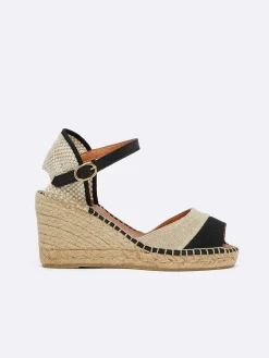 Natural And Black Linen Wedge Espadrilles-Carel Cheap