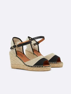 Natural And Black Linen Wedge Espadrilles-Carel Cheap