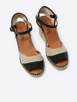 Natural And Black Linen Wedge Espadrilles-Carel Cheap