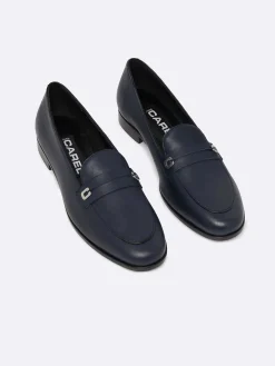 Navy Blue Leather Loafers-Carel Cheap