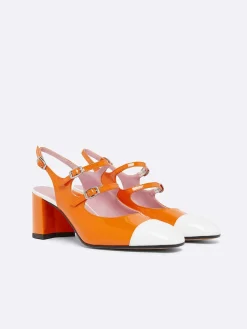 Orange And White Patent Leather Slingback Mary Janes-Carel Cheap
