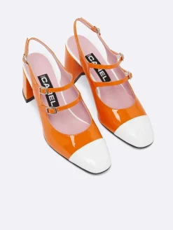 Orange And White Patent Leather Slingback Mary Janes-Carel Cheap