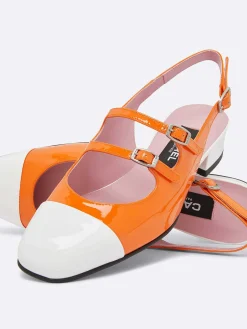 Orange And White Patent Leather Slingback Mary Janes-Carel Cheap