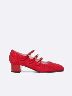 Red Embossed Suede And Upcycled Red Patent Leather Mary Janes Pumps-Carel Best