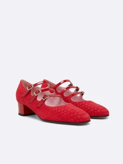 Red Embossed Suede And Upcycled Red Patent Leather Mary Janes Pumps-Carel Best
