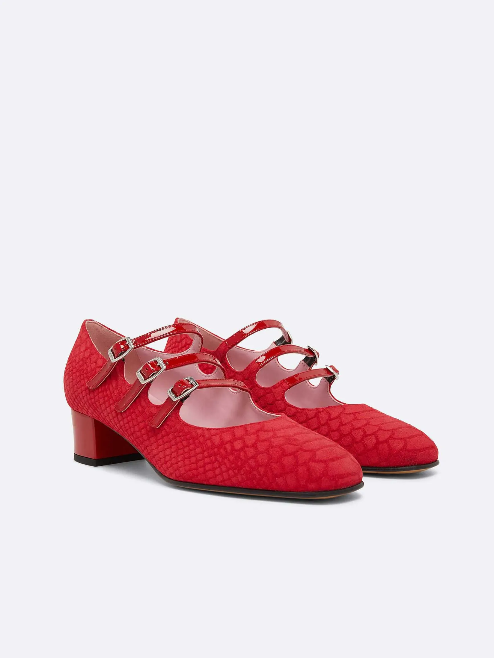 Red Embossed Suede And Upcycled Red Patent Leather Mary Janes Pumps-Carel Best