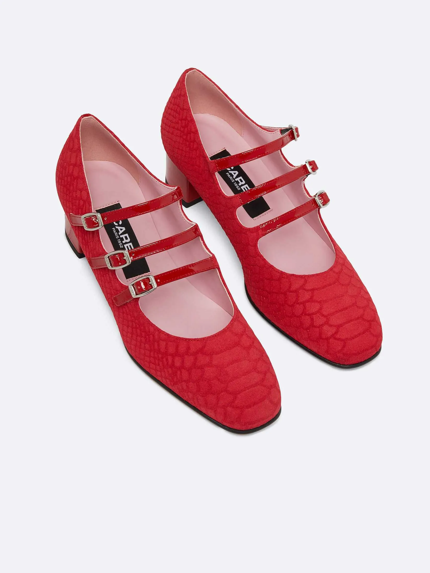 Red Embossed Suede And Upcycled Red Patent Leather Mary Janes Pumps-Carel Best