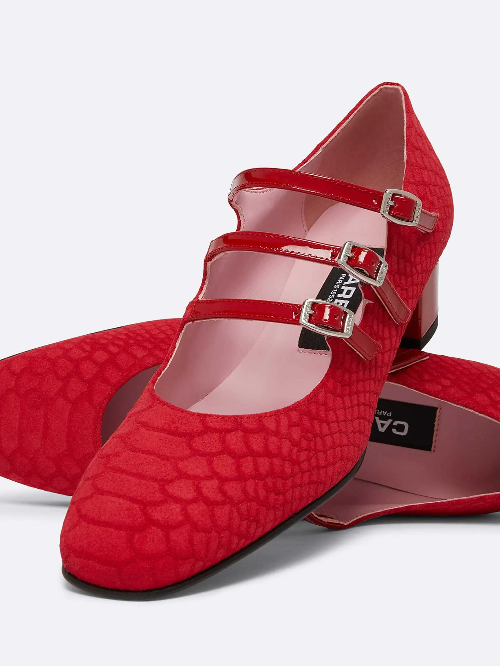 Red Embossed Suede And Upcycled Red Patent Leather Mary Janes Pumps-Carel Best
