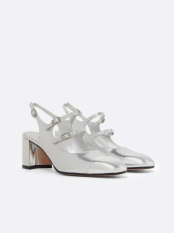 Silver Embossed Leather Slingback Mary Janes-Carel Fashion