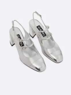 Silver Embossed Leather Slingback Mary Janes-Carel Fashion