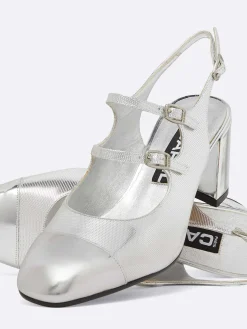 Silver Embossed Leather Slingback Mary Janes-Carel Fashion