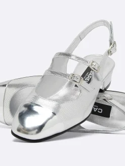Silver Embossed Leather Slingback Mary Janes-Carel Sale