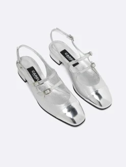 Silver Embossed Leather Slingback Mary Janes-Carel Sale
