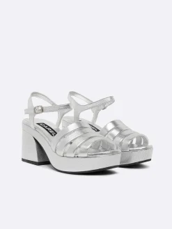 Silver Laminated Leather Buckles Sandals-Carel Outlet