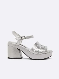 Silver Laminated Leather Buckles Sandals-Carel Outlet