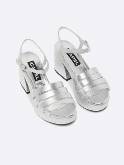 Silver Laminated Leather Buckles Sandals-Carel Outlet