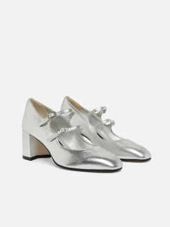 Silver Leather Mary Janes Pumps-Carel New