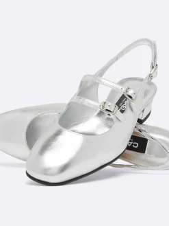 Silver Leather Mary Janes Slingback-Carel Online