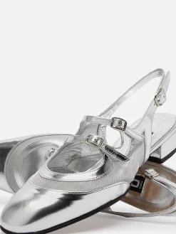 Silver Patent Leather And Mesh Slingback Mary Janes-Carel Store
